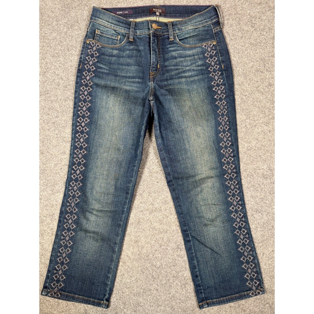 NYDJ Alina Capri Jeans Womens 6 Medium Wash Embroidered Lift Tuck M66Z1925 Blue
